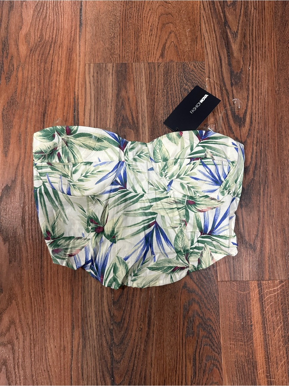 Fashion Nova Tropical Print Strapless Bustier - Green, Blue & White